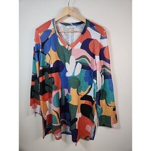 Jess & Jane Ponderosa Brushed Knit Tunic Top L V Neck Artsy Burnout Nubby Shirt